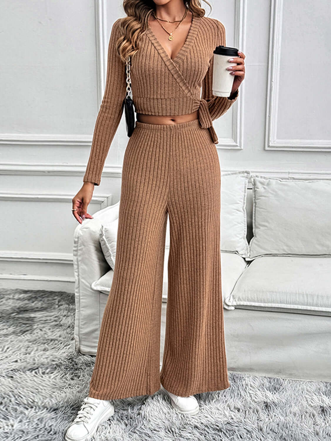 Perfee Surplice Long Sleeve Top and Pants Set Matching Sets Luxurious Weddings