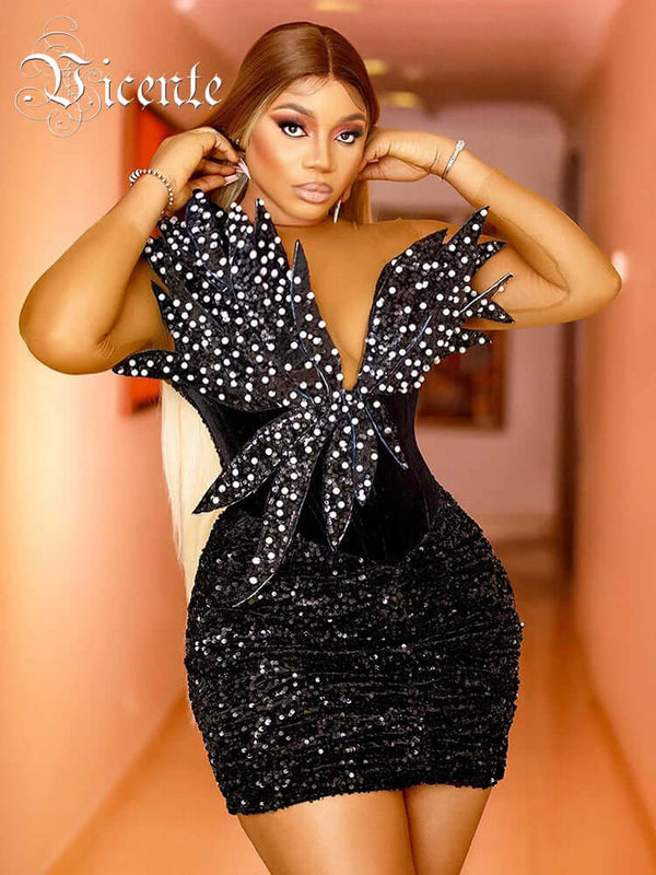Sequins Velvet Mini Dresses Patchwork Long Sleeve Cocktail Black Dress Cocktail dress Luxurious Weddings