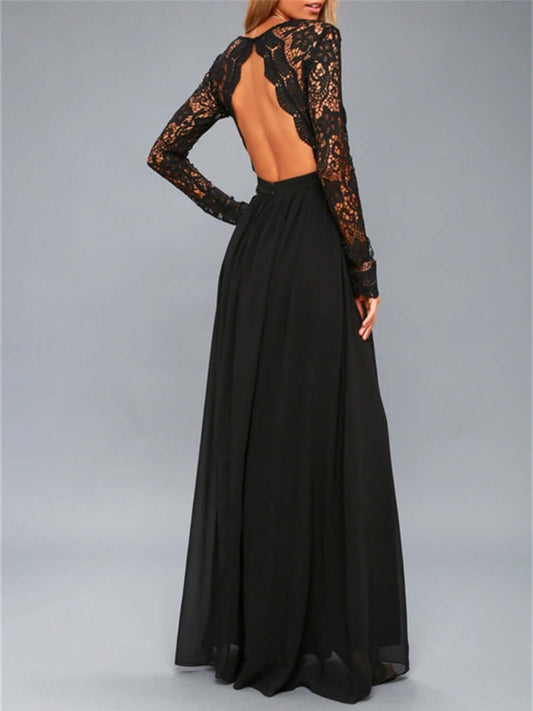 Lace Detail Backless Long Sleeve Maxi Dress Dresses/Evening Dresses Luxurious Weddings