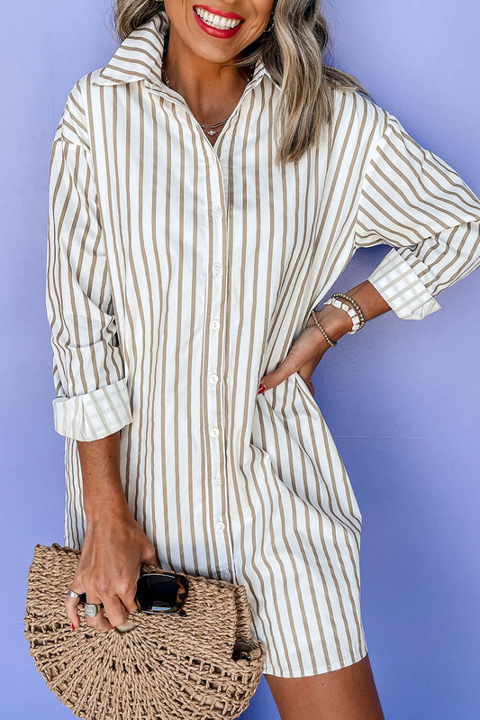 Khaki Stripe Long Sleeve Button Up Mini Shirt Dress Dresses/Mini Dresses Luxurious Weddings