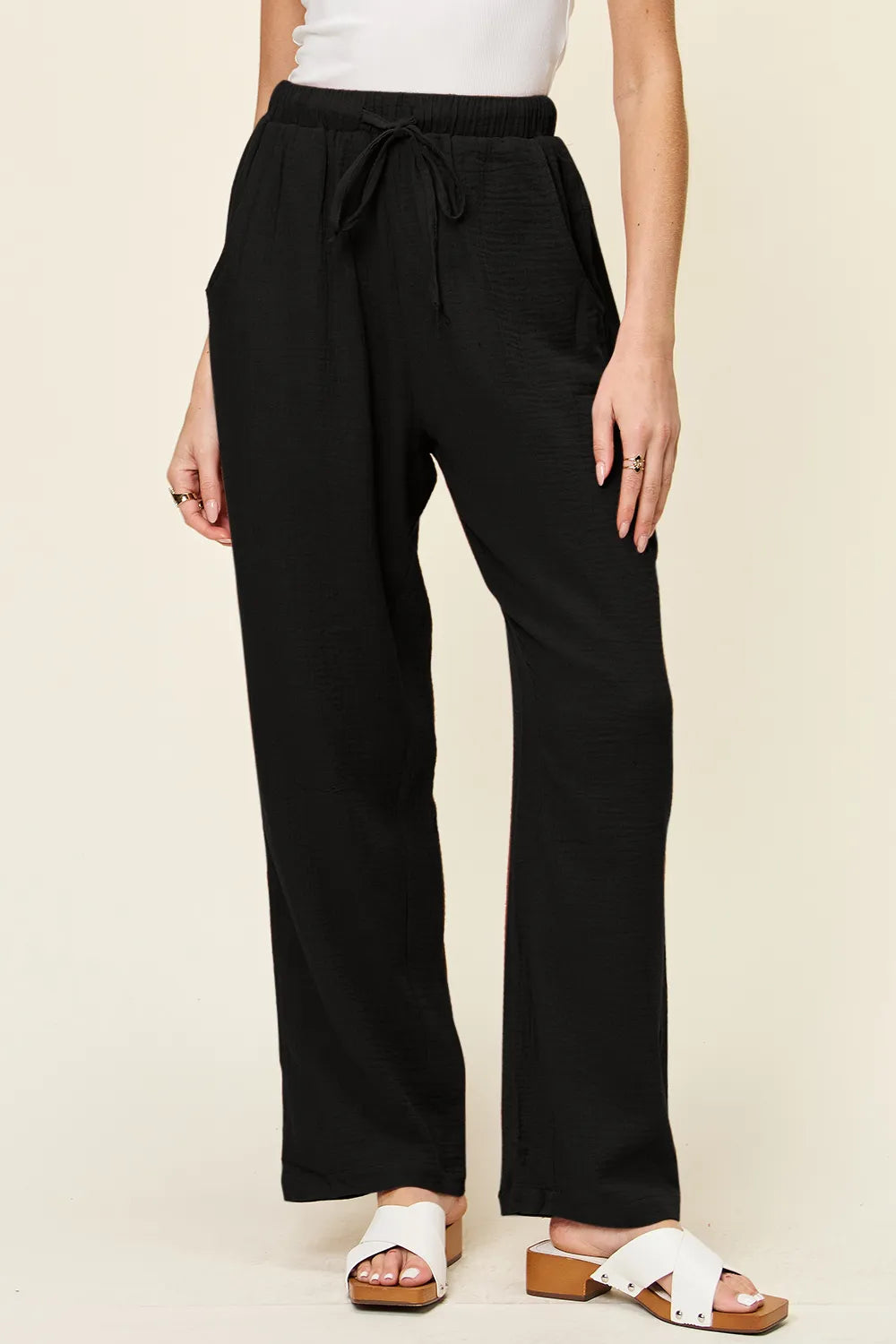 Double Take Full Size Texture Drawstring Straight Pants Pants Luxurious Weddings
