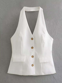 Women's Pleated Decorative High Waist Wide Leg Pants Hanging Collar Vest women's suit Luxurious Weddings