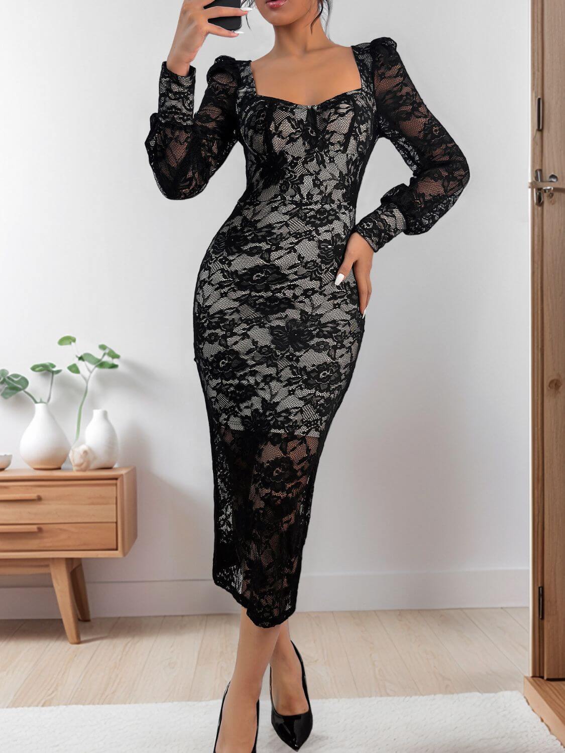 Perfee Lace Sweetheart Neck Long Sleeve Midi Dress Midi dresses Luxurious Weddings