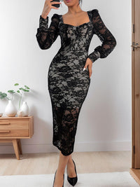 Perfee Lace Sweetheart Neck Long Sleeve Midi Dress Midi dresses Luxurious Weddings
