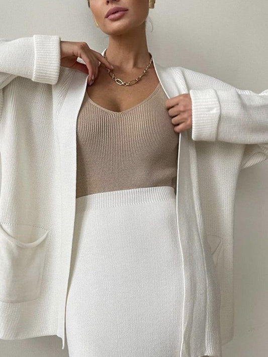 Pocketed Long Sleeve Cardigan and Skirt Sweater Set Matching Sets Luxurious Weddings