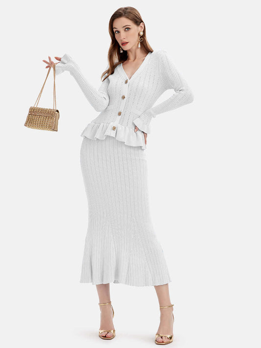 Ruffled V-Neck Top and Midi Skirt Sweater Set Matching Sets Luxurious Weddings