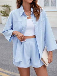 Button Up Long Sleeve Top and Shorts Set Matching Sets Luxurious Weddings