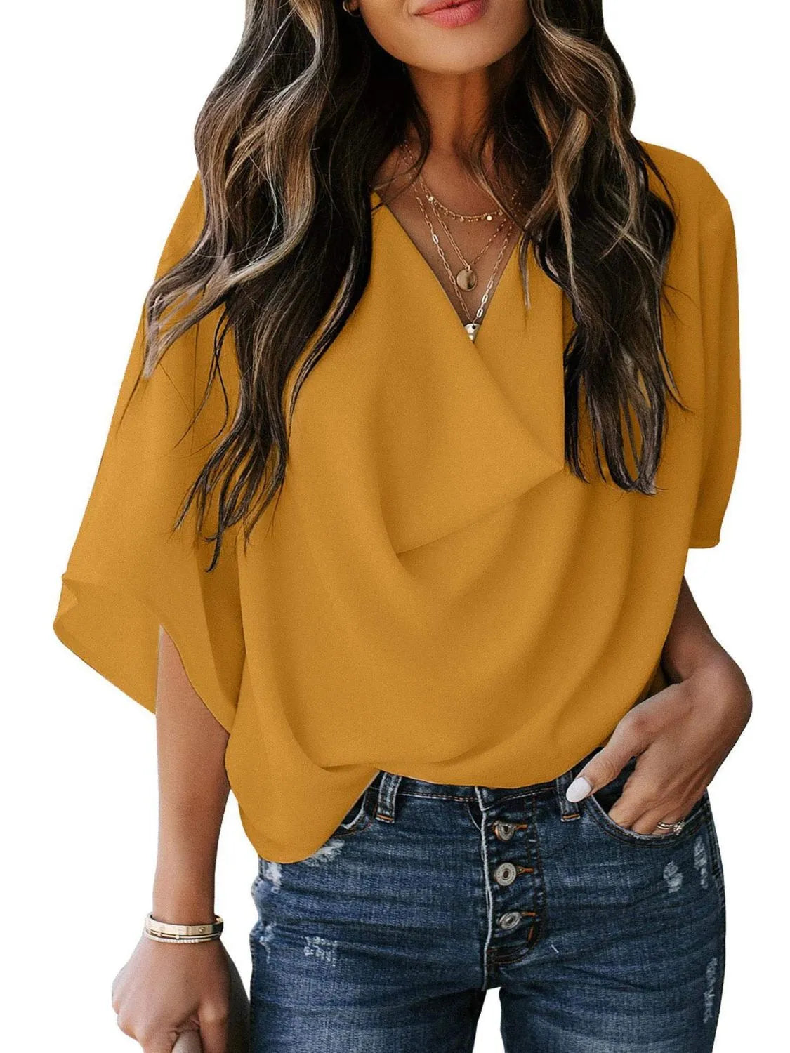 Full Size Ruched Three-Quarter Sleeve Blouse Plus Size Blouse Luxurious Weddings