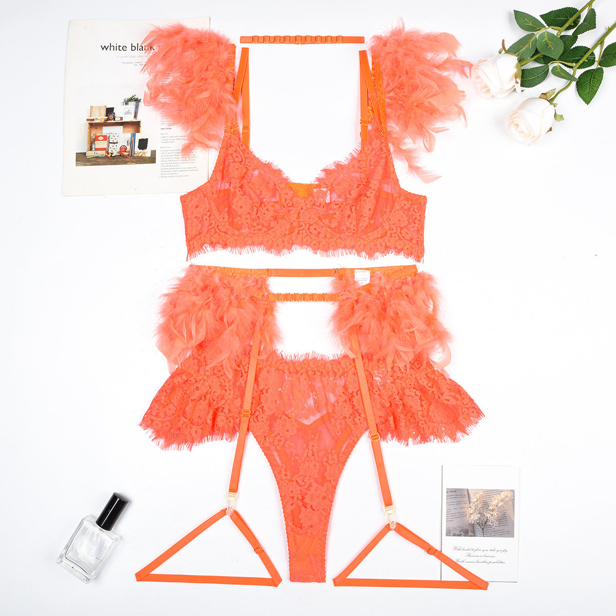 Feather Sexy Lingerie Lace Women Underwear Bra Panty Lingerie Set Luxurious Weddings