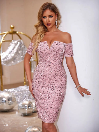 Slit Sequin Off-Shoulder Mini Dress Dresses/Mini Dresses Luxurious Weddings