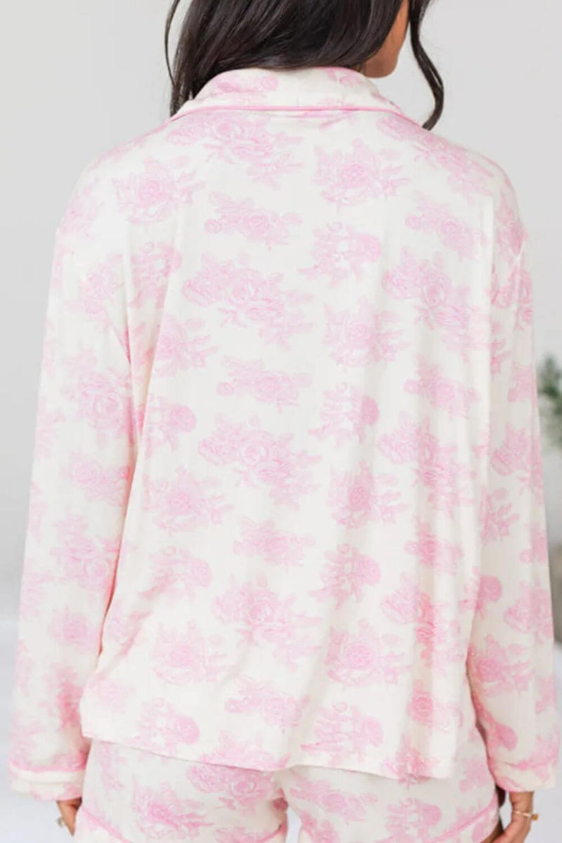 Printed Button Up Long Sleeve Top and Pants Lounge Set sleepwear Luxurious Weddings