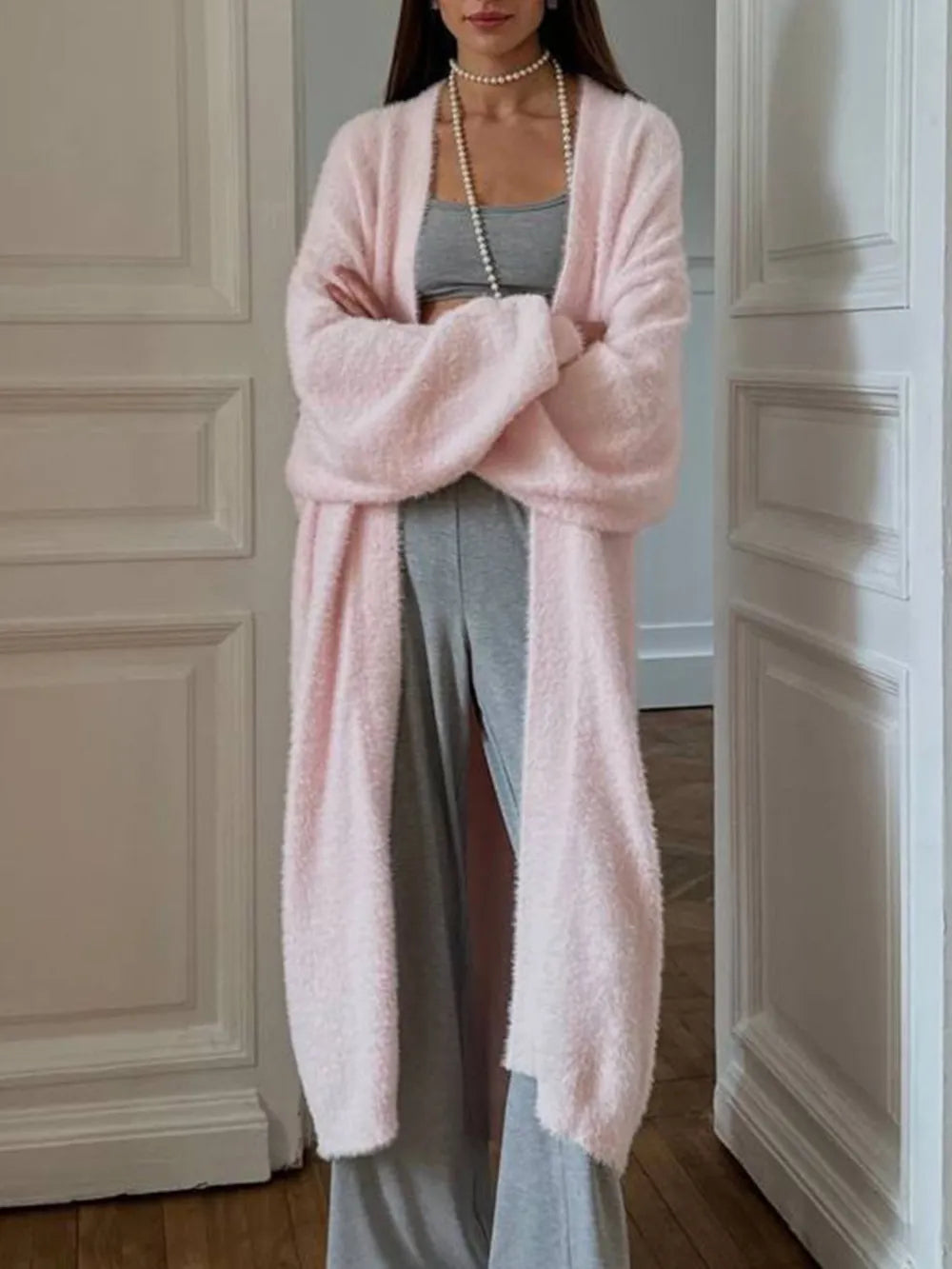 Fuzzy Open Front Solid Color Cardigan Cardigans Luxurious Weddings