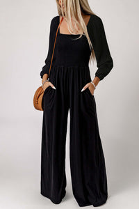 Black Smocked Square Neck Long Sleeve Wide Leg Jumpsuit Bottoms/Jumpsuits & Rompers Luxurious Weddings