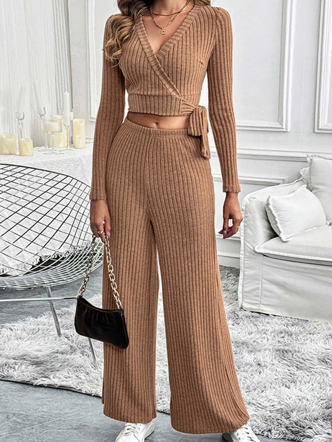 Perfee Surplice Long Sleeve Top and Pants Set Matching Sets Luxurious Weddings