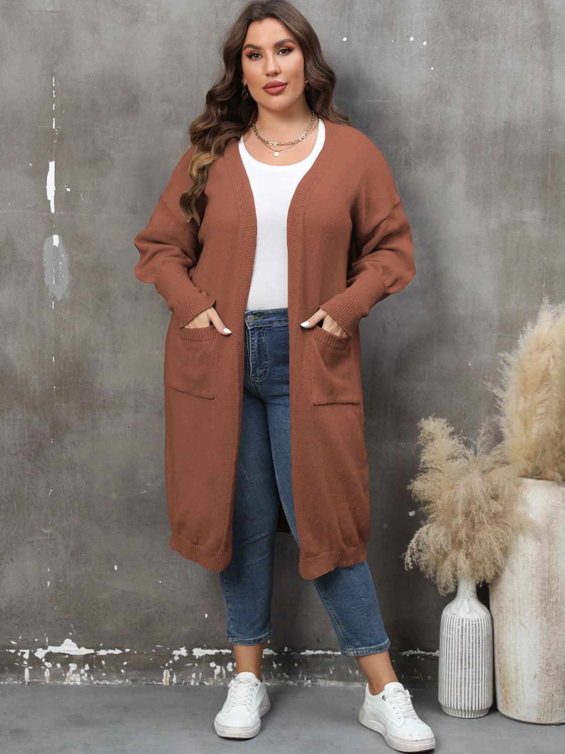 Plus Size Long Sleeve Pocketed Cardigan Plus size Luxurious Weddings