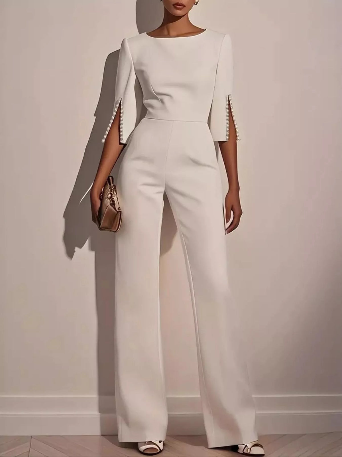 Wide-Leg Jumpsuit with Slit Sleeve worn by a stylish model, showcasing elegant design and fitted silhouette.