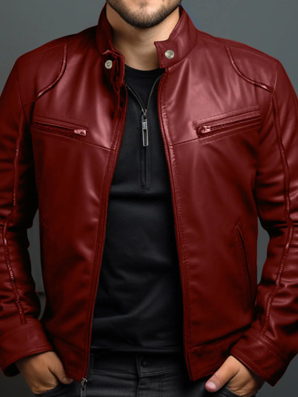 Men's Full Size Leather Motorcycle Jacket with Zipper Front Plus Size in a stylish red color, perfect for any bike enthusiast.