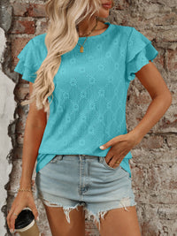 Eyelet Round Neck Double Layered Ruffled Short Sleeve Top Luxurious Weddings