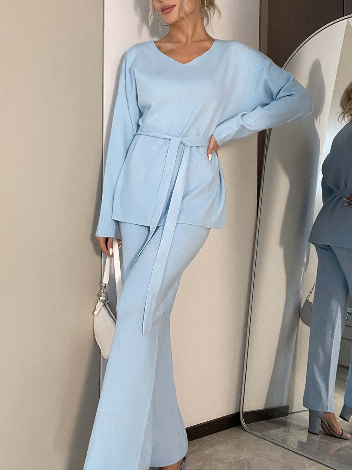 V-Neck Long Sleeve Top and Drawstring Pants Sweater Set Matching Sets Luxurious Weddings