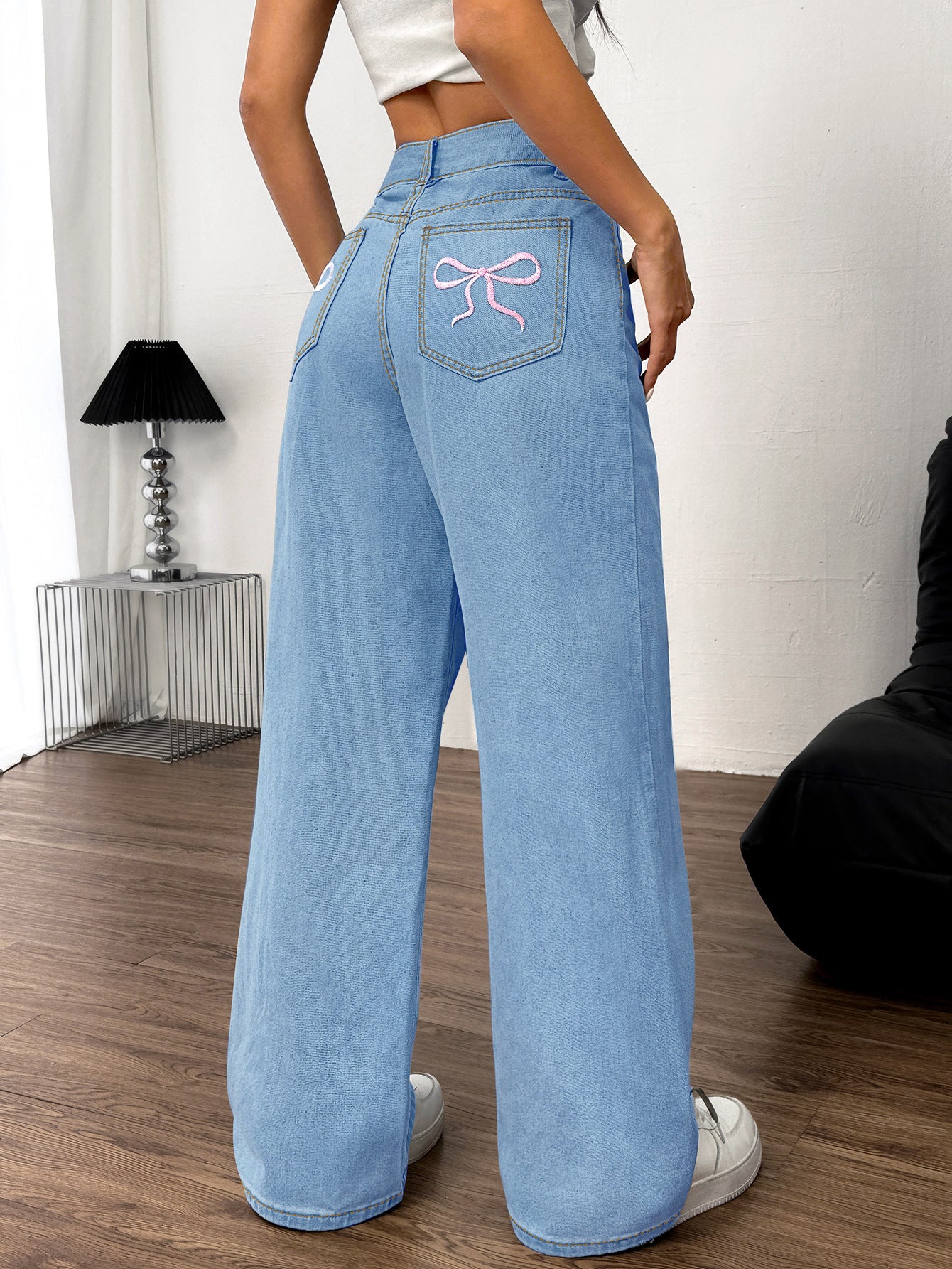 Embroidered Bow Back Wide Leg Jeans Jeans Luxurious Weddings