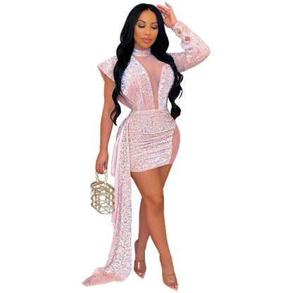 Women's Half Turtleneck Mesh Sequin Tight Hip Evening Dress sequin evening dress Luxurious Weddings