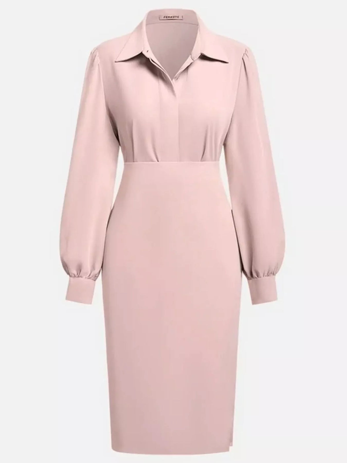 Ruched Midi Shirt Dress with Side Slit in soft pink with long puff sleeves and a fitted body silhouette.