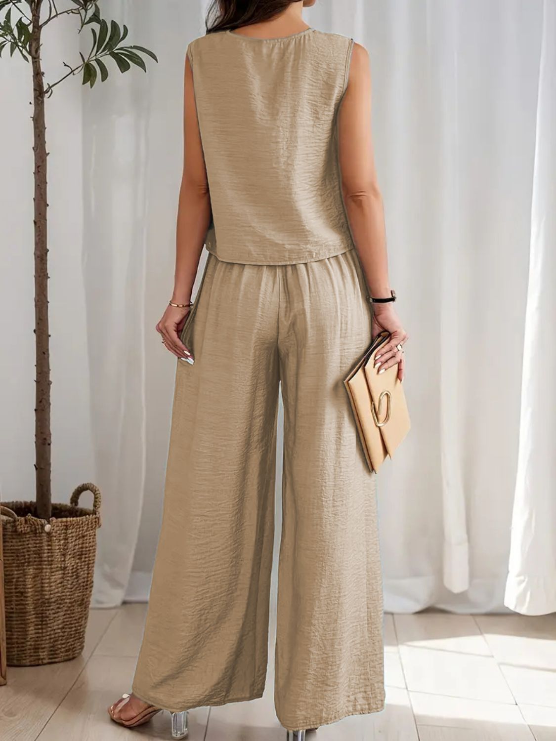 Round Neck Sleeveless Top and Wide Leg Pants Set Matching Sets Luxurious Weddings