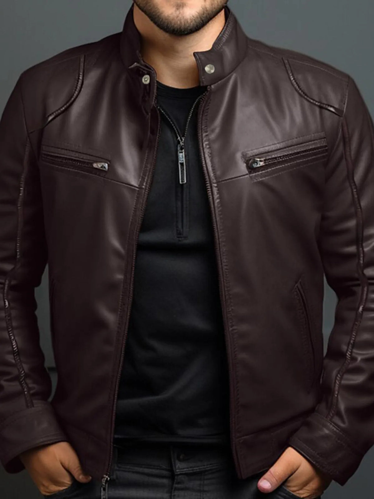 Men's Full Size Leather Motorcycle Jacket with Zipper Front Plus Size worn by model in brown color.