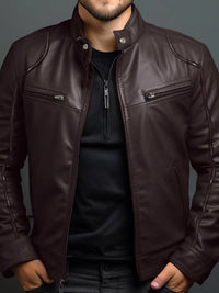 Men's Full Size Leather Motorcycle Jacket with Zipper Front Plus Size worn by model in brown color.