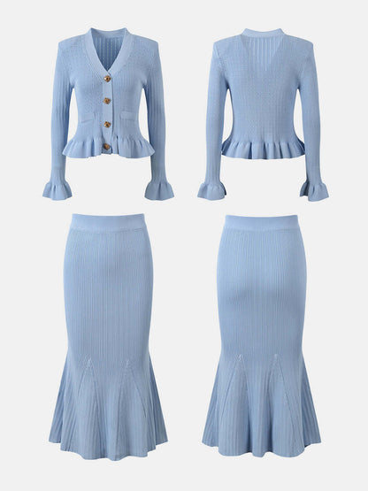 Ruffled V-Neck Top and Midi Skirt Sweater Set Matching Sets Luxurious Weddings