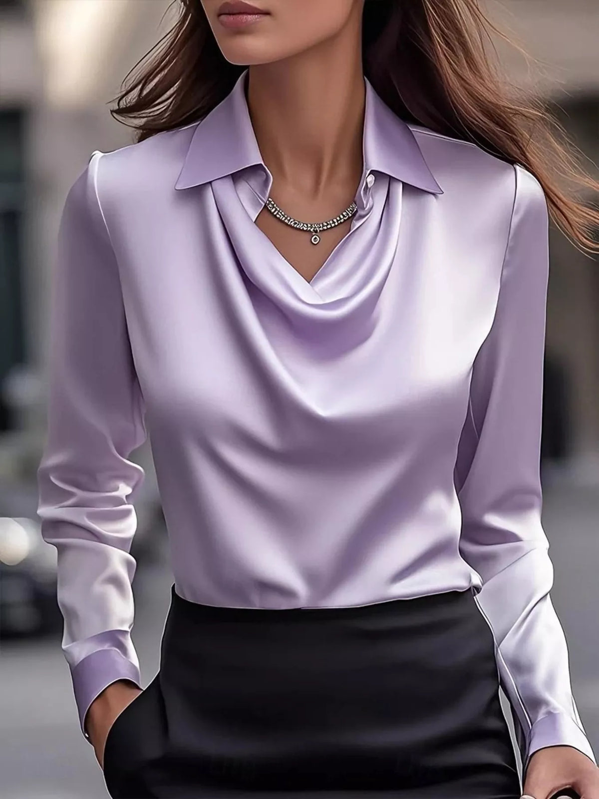 Ruched Long Sleeve Drape Collar Blouse in light purple with elegant collar and draped front.