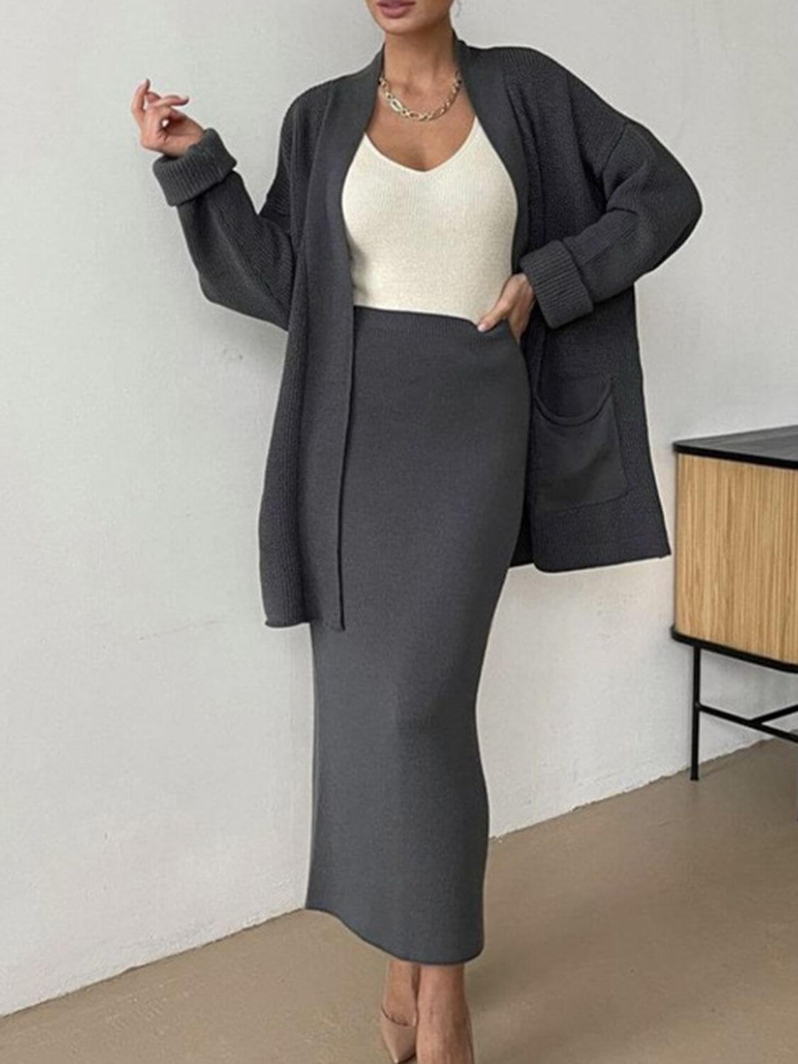 Pocketed Long Sleeve Cardigan and Skirt Sweater Set Matching Sets Luxurious Weddings