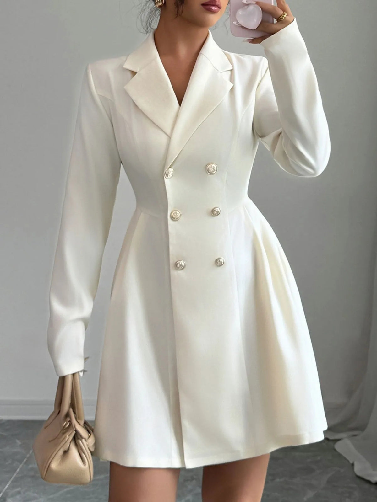 Double-Breasted Blazer Dress with Pleated Detail Formal Dress Luxurious Weddings