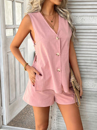 Devine Button Down V-Neck Tank and Shorts Set Matching Sets Luxurious Weddings