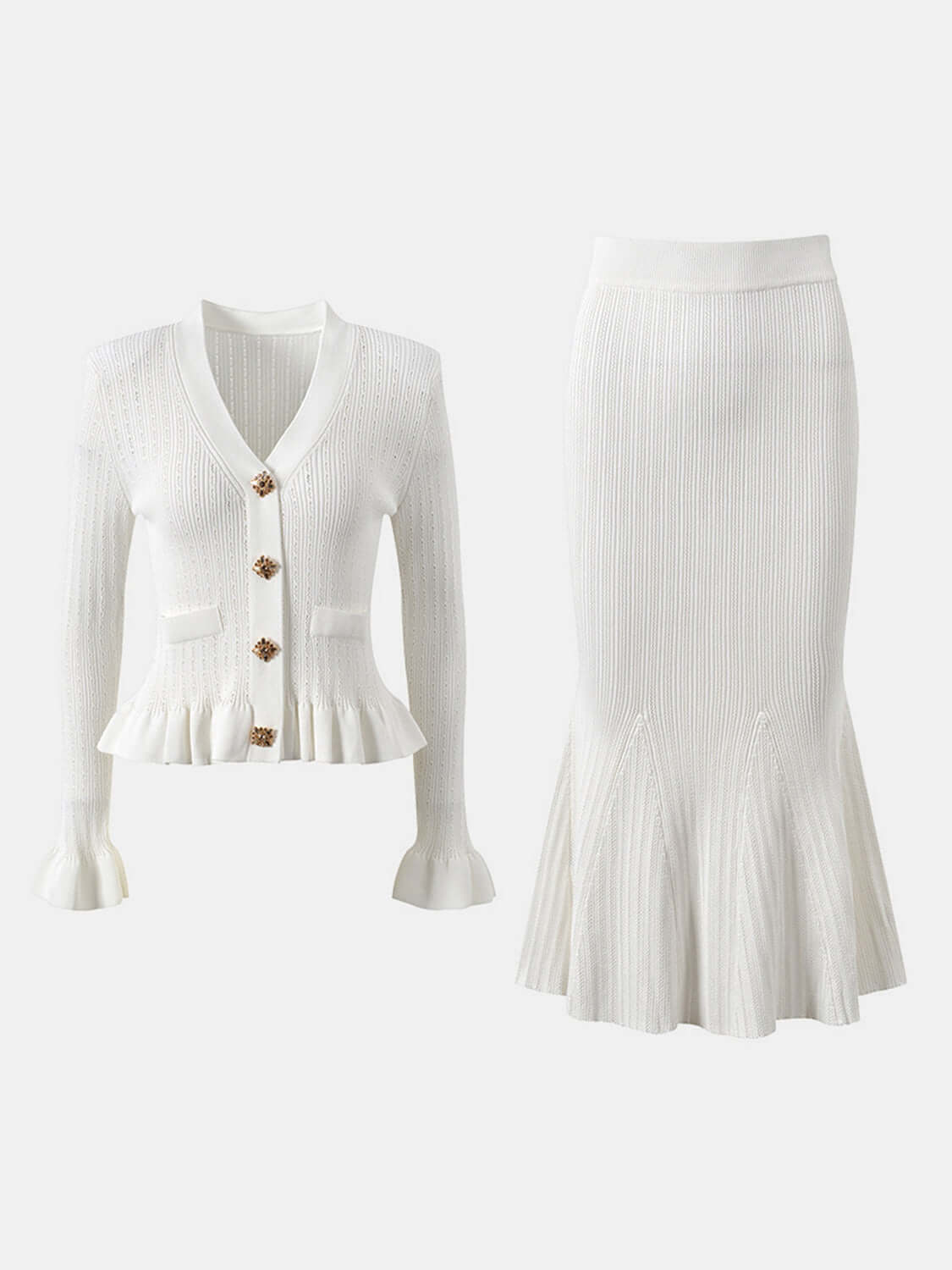 Ruffled V-Neck Top and Midi Skirt Sweater Set Matching Sets Luxurious Weddings
