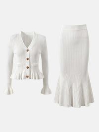 Ruffled V-Neck Top and Midi Skirt Sweater Set Matching Sets Luxurious Weddings