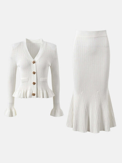 Ruffled V-Neck Top and Midi Skirt Sweater Set Matching Sets Luxurious Weddings