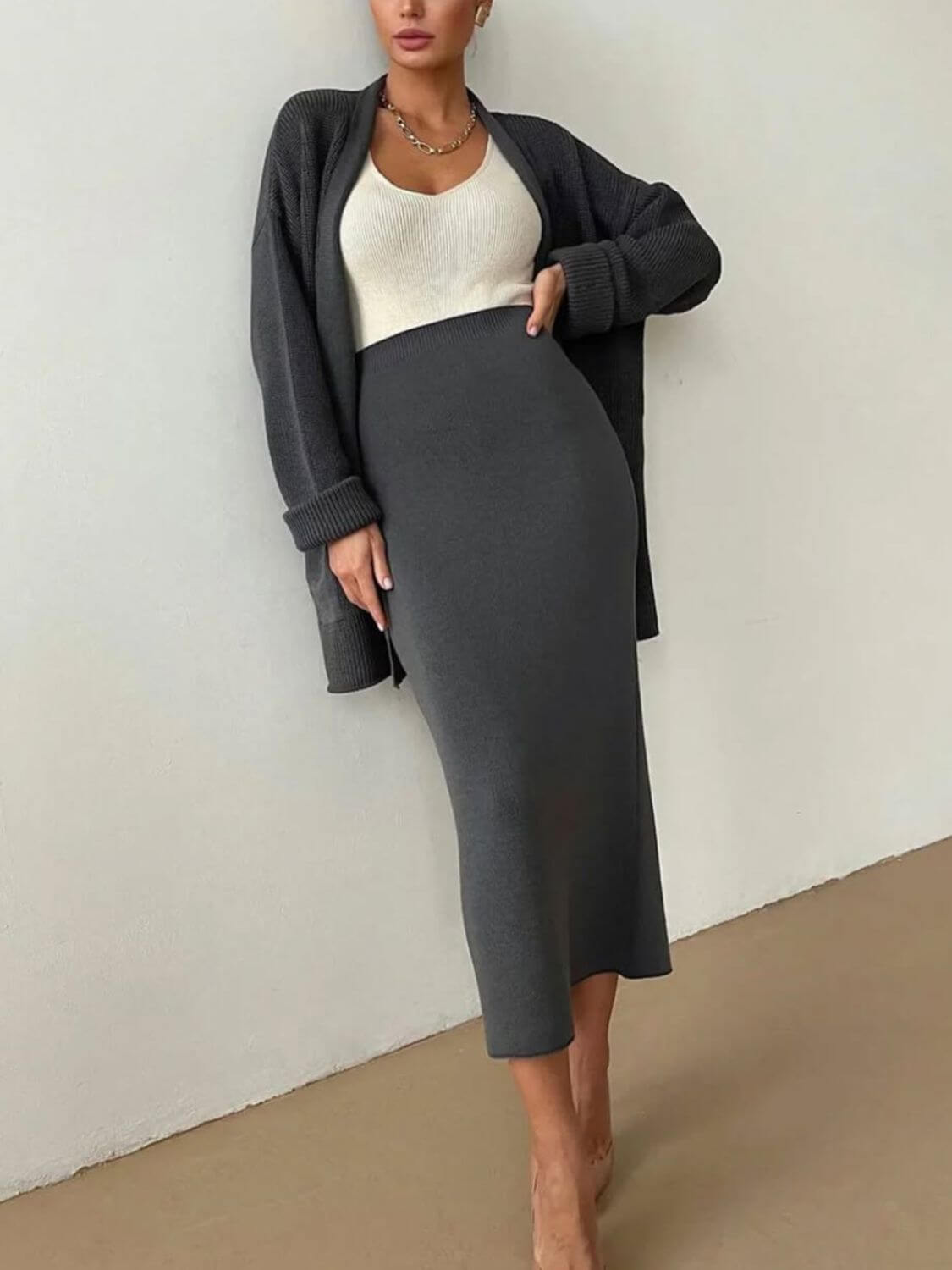 Pocketed Long Sleeve Cardigan and Skirt Sweater Set Matching Sets Luxurious Weddings