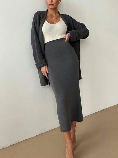 Pocketed Long Sleeve Cardigan and Skirt Sweater Set Matching Sets Luxurious Weddings