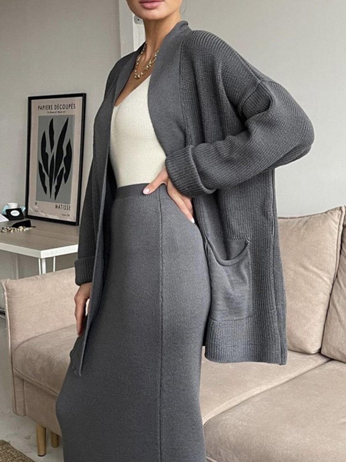 Pocketed Long Sleeve Cardigan and Skirt Sweater Set Matching Sets Luxurious Weddings