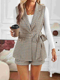 Tied Plaid Collared Neck Vest and Shorts Set Matching Sets Luxurious Weddings
