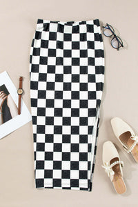 White Checkered Print Side Slit High Waist Midi Skirt Bottoms/Skirts & Petticoat Luxurious Weddings