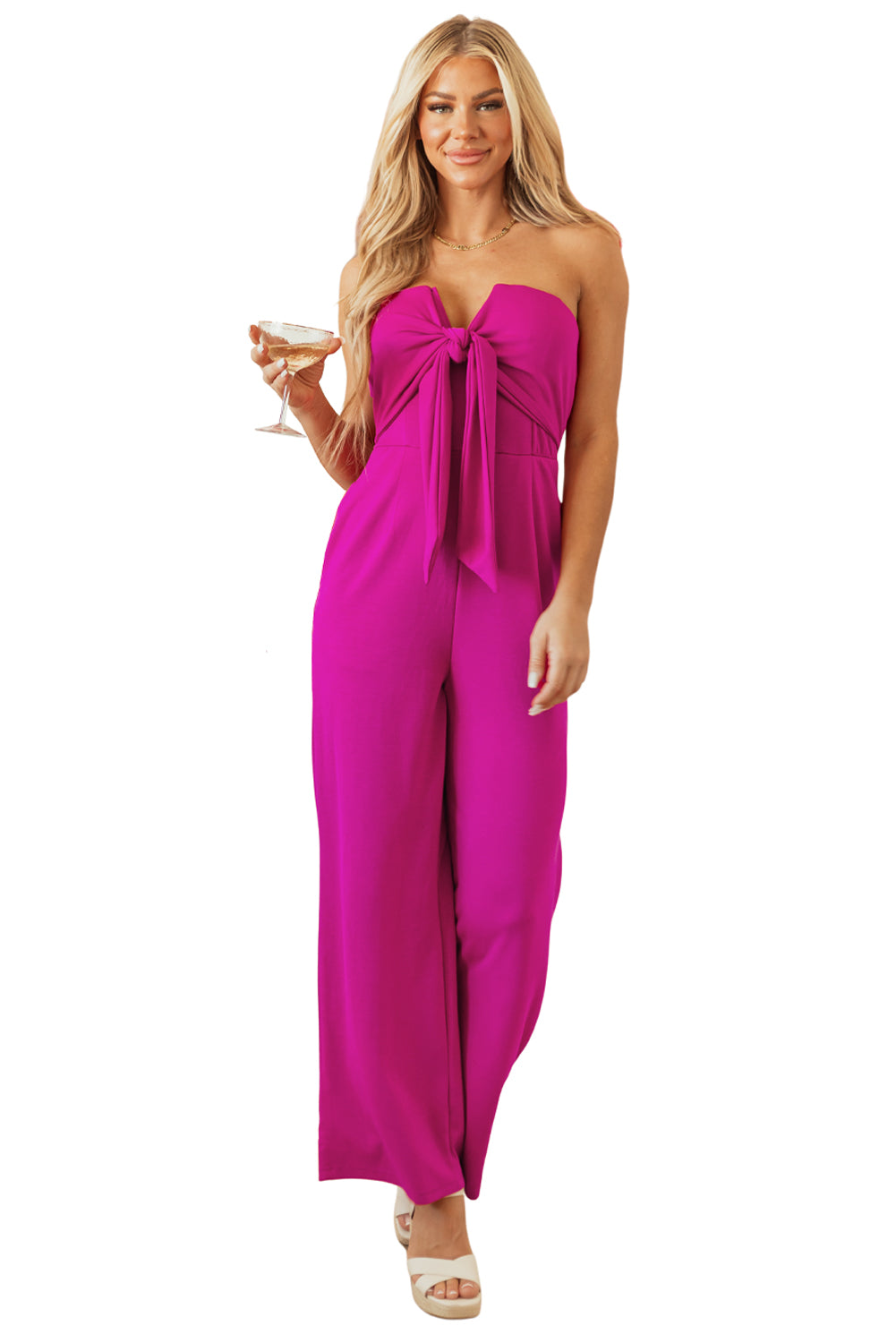 Bright Pink Bowknot Strapless Wide Leg Jumpsuit Bottoms/Jumpsuits & Rompers Luxurious Weddings