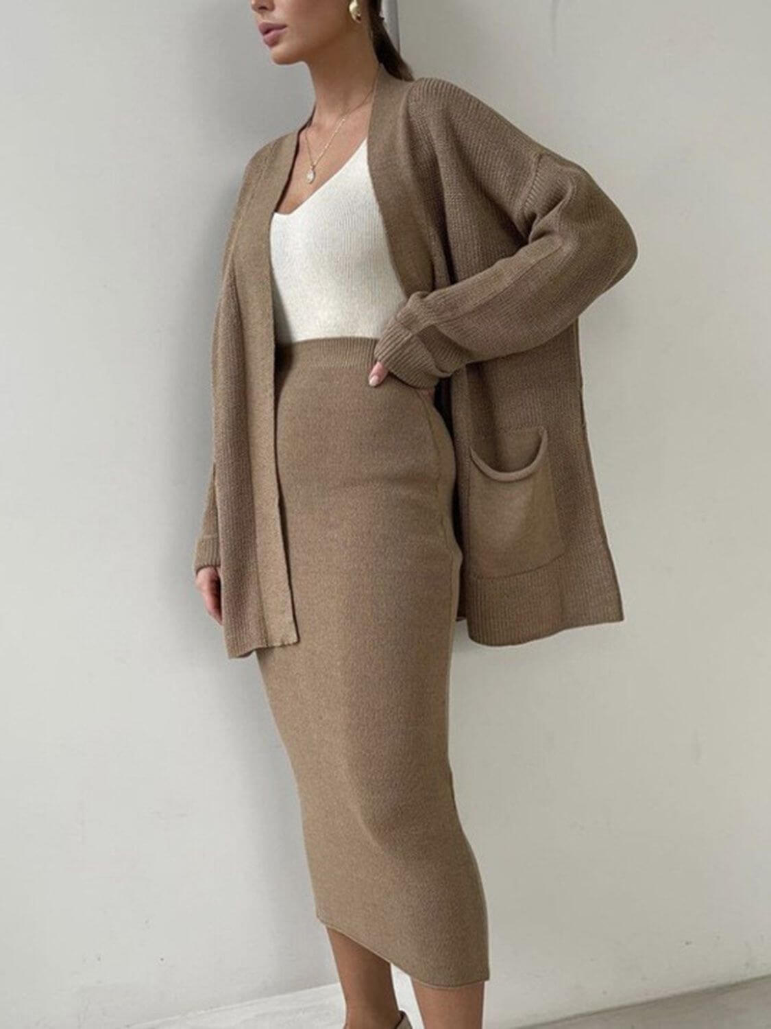 Pocketed Long Sleeve Cardigan and Skirt Sweater Set Matching Sets Luxurious Weddings