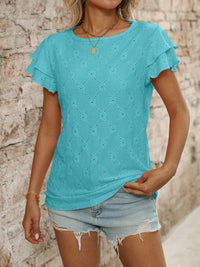 Eyelet Round Neck Double Layered Ruffled Short Sleeve Top Luxurious Weddings