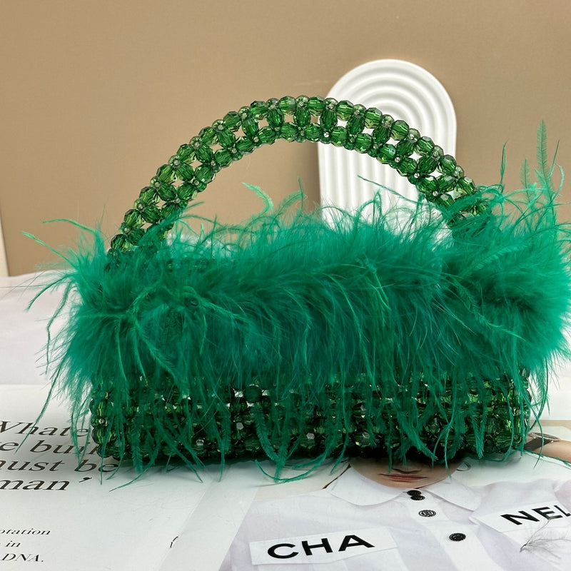 Pearl bead bag with Ostrich feather fur designer Purse Handbags Luxurious Weddings