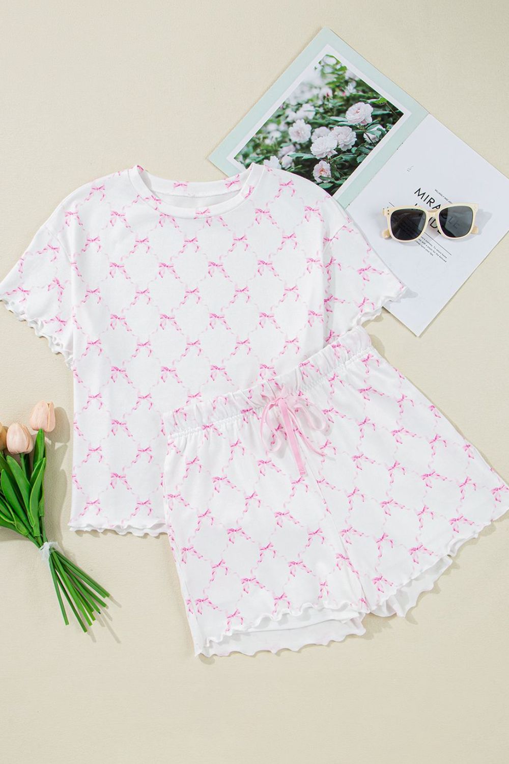 Bow Print Lettuce Trim Round Neck Top and Shorts Lounge Set sleepwear Luxurious Weddings