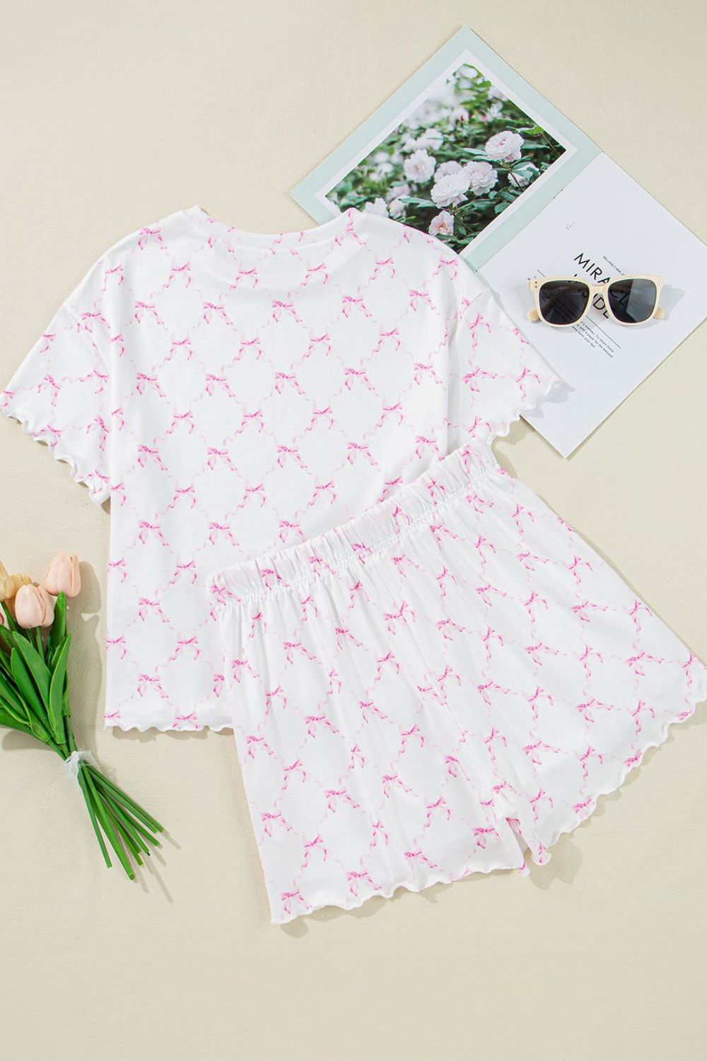 Bow Print Lettuce Trim Round Neck Top and Shorts Lounge Set sleepwear Luxurious Weddings