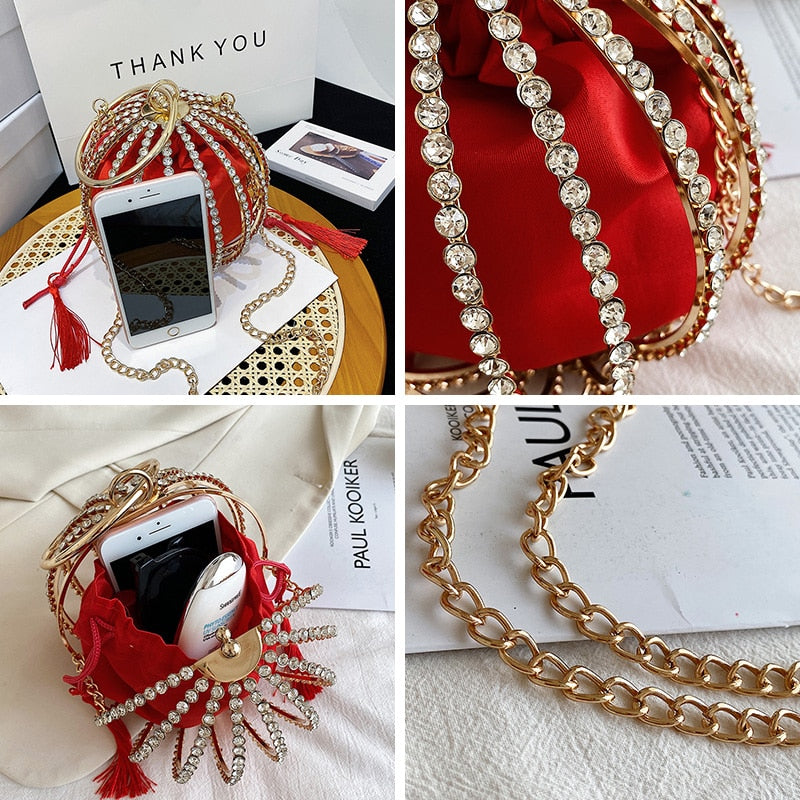 Luxurious red handbag with diamond embellishments, perfect for weddings and special occasions.