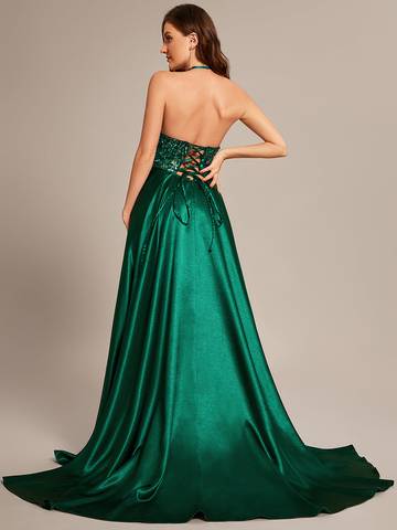 Sleeveless Fit V-Neck A-Line Backless Satin Shiny Custom Evening Dress Evening Dress Luxurious Weddings